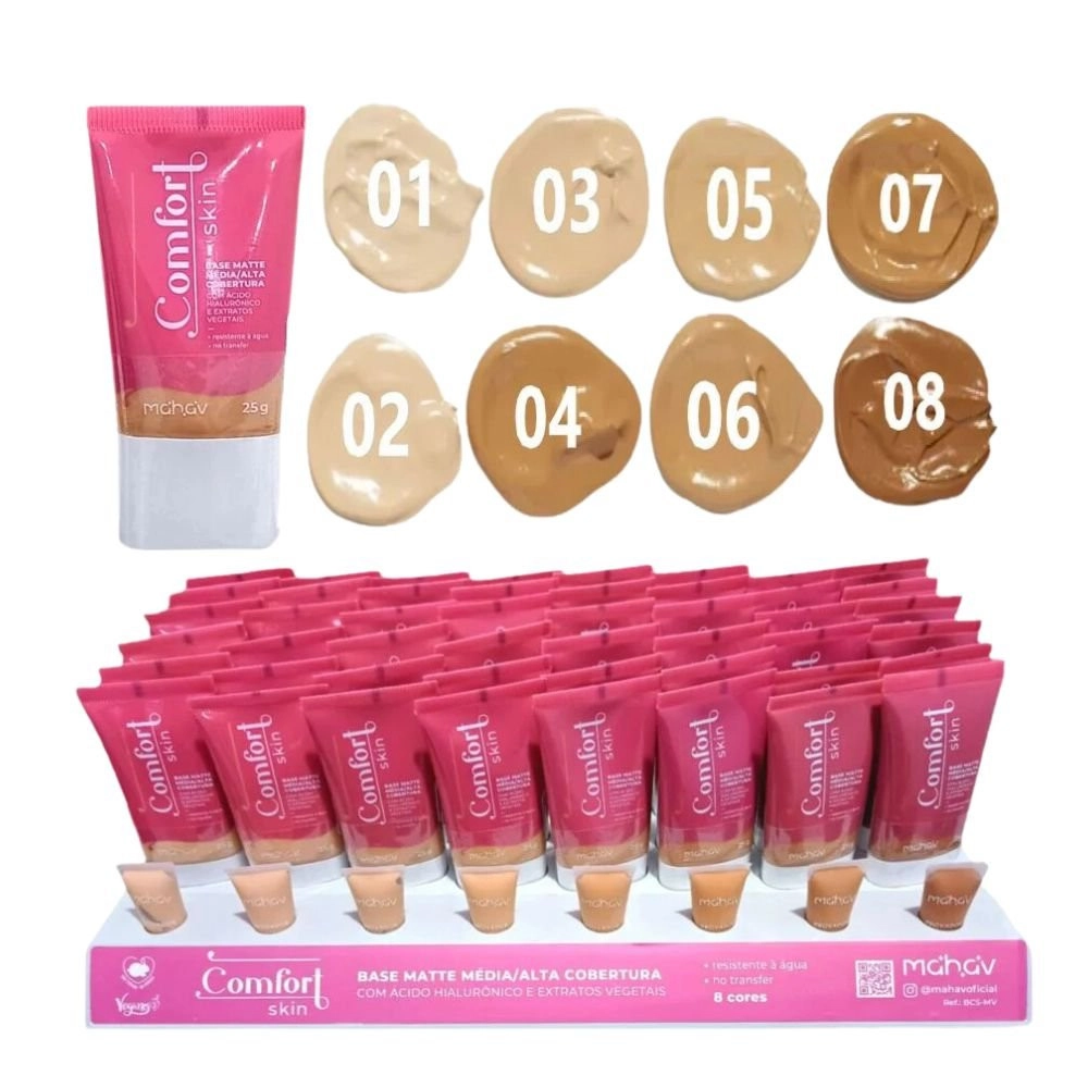 Box 48 Base Matte Vegana Média/Alta Cobertura Comfort Skin Mahav 
