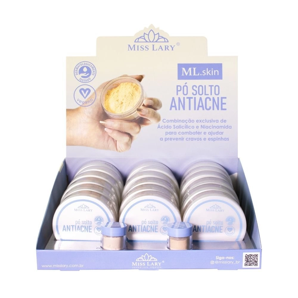  Box 18 Pó Solto Antiacne Vegano Miss Lary Cores Claras VB309C ML Skin 
