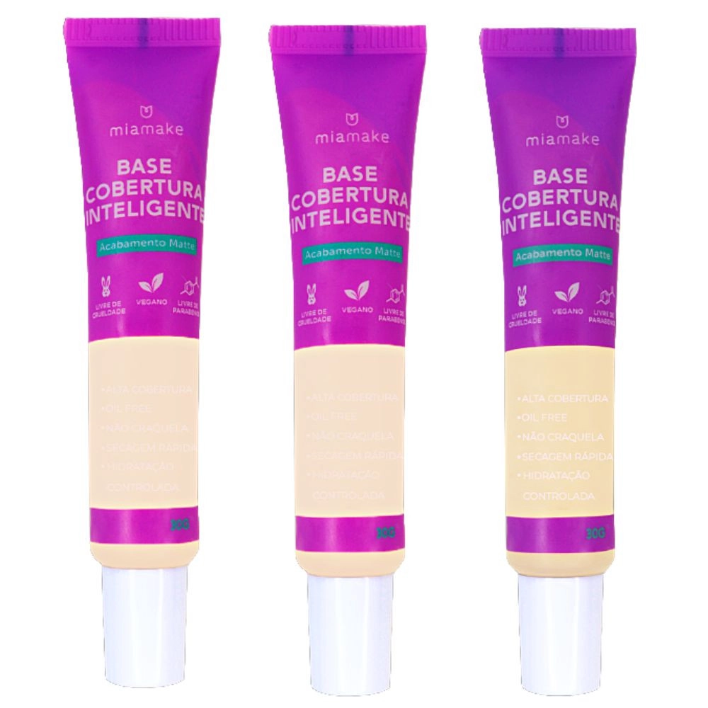  Kit 3 Base Líquida Cobertura Inteligente Cores Claras Mia Make 