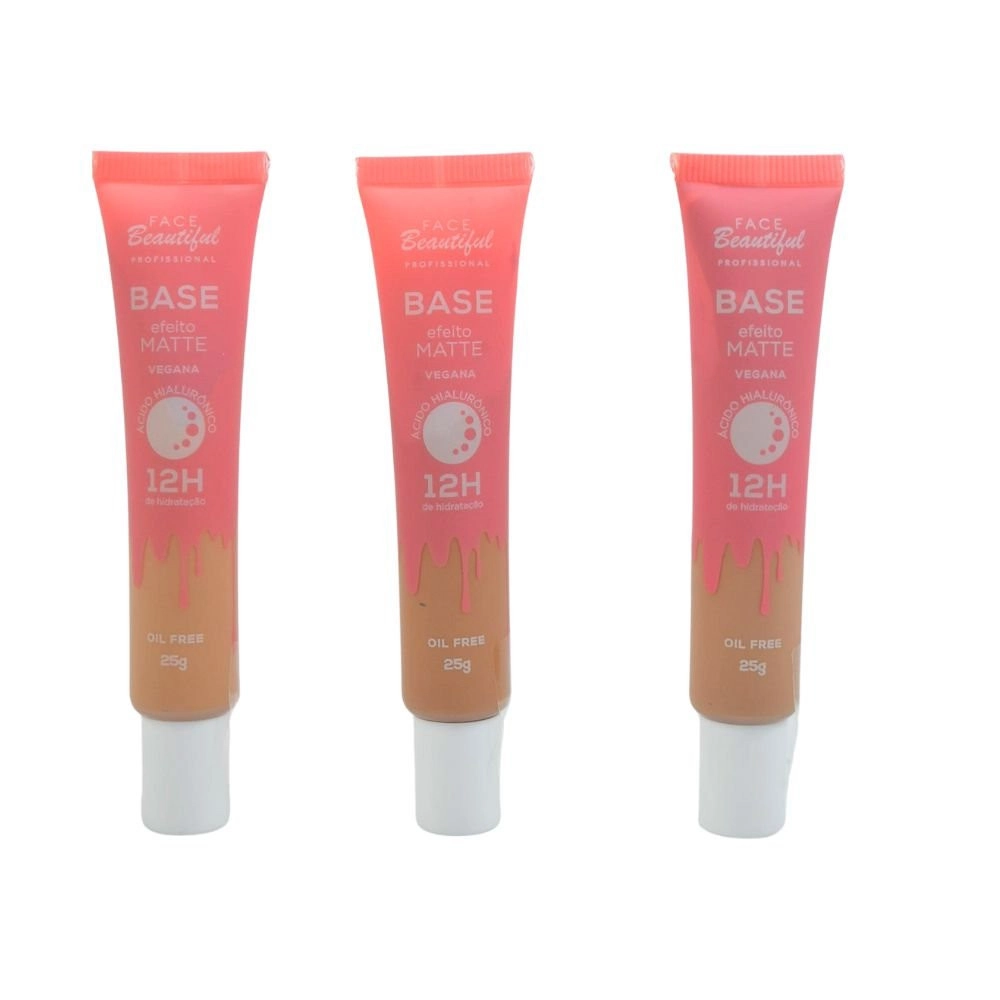  Kit 3 Base Vegana Profissional Efeito Matte 12H de Hidratação Face Beautiful FB445 